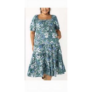 Sonoma XXL Green Floral Smocked Dress Cottagecore Puff Sleeve Midi Comfort